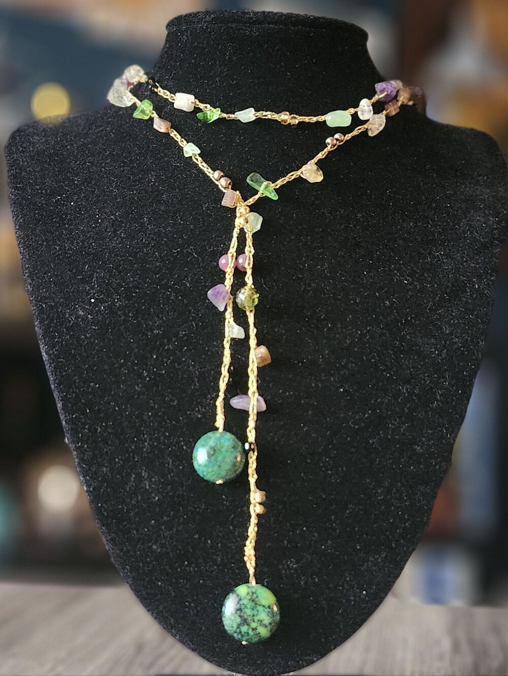 Gold-Tone Multi-Gem Lariat Necklace with Green Stone Drops